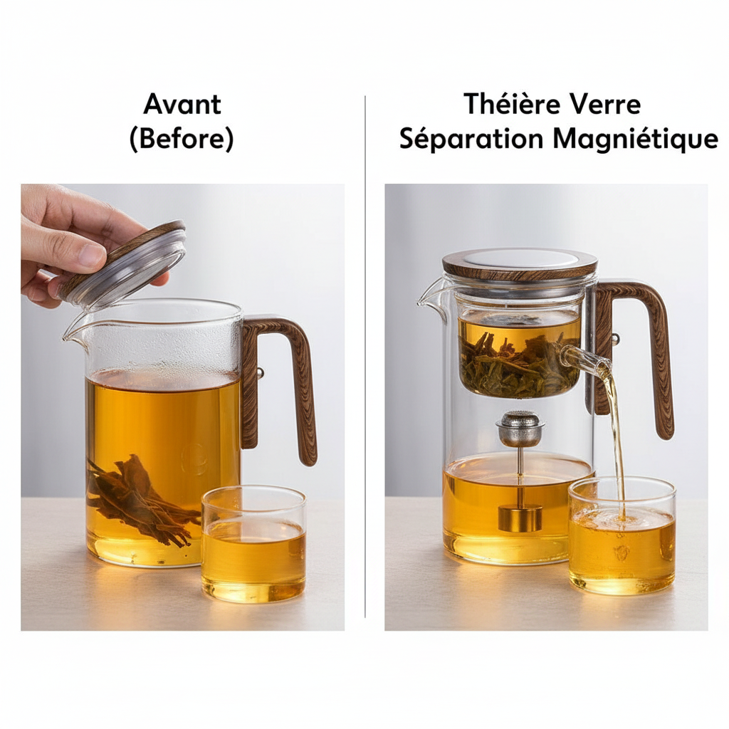 Water Separation Inner Container Teapot One Click Magnetic Switch Tea Separation Filtration Glass Tea Pot Wood Handle Tea